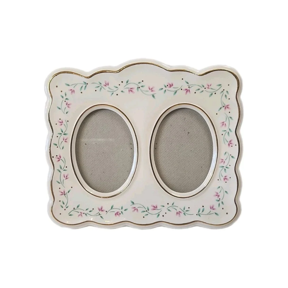 Vtg 1990s Porcelain Double Oval Picture Frame Scalloped Ceramic Floral 6x7